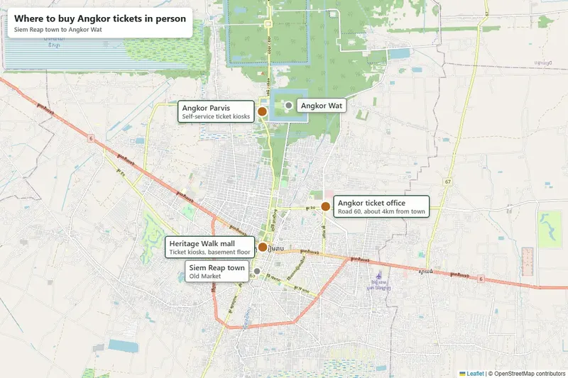 Map of Siem Reap showing the Angkor ticket office on Road 60 and the ticket kiosks at Heritage Walk mall and Angkor Parvis, with Siem Reap town and Angkor Wat for reference
