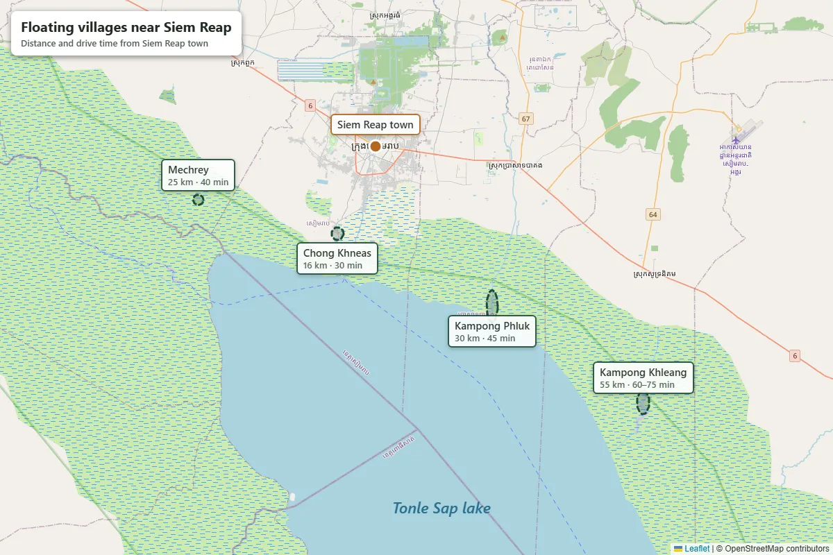 Map of the four floating villages near Siem Reap on the Tonle Sap lake: Chong Khneas, Mechrey, Kampong Phluk and Kampong Khleang, with distance and drive time from town