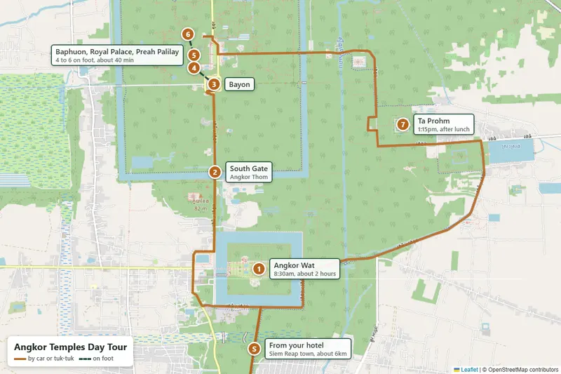 Map of the Angkor temples day tour route from Siem Reap town to Angkor Wat, the South Gate and the Bayon, then on foot to the Baphuon, the Royal Palace and Preah Palilay, then to Ta Prohm and back to town